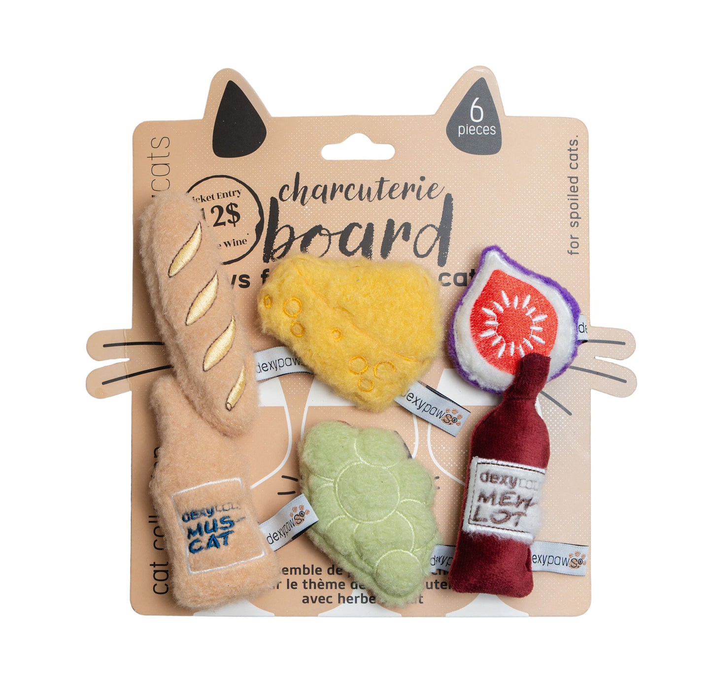 Dexypaws - Plush Cat Toys - Wine, Cheese & Grape 6pc