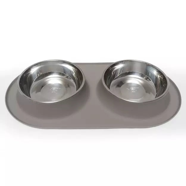 Messy Mutts - Dbl Silicone Feeder w/ Stainless Bowls - Grey