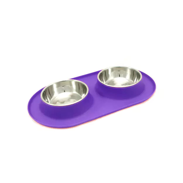 Messy Cats - Dbl Silicone Feeder w/ Stainless Saucer Bowl - Purple