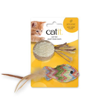 CATIT - Cat Toy - Straw Woven Fish & Terry Ball