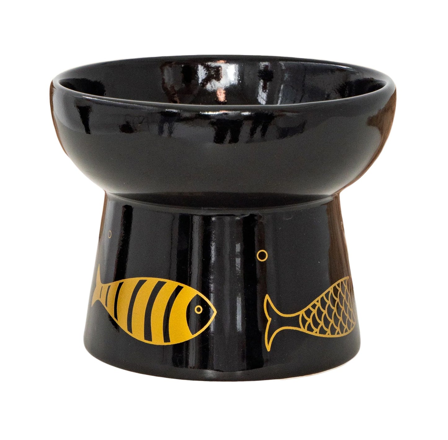 Dexypaws - Raised Ceramic Cat Bowl - Black with Gold Fish