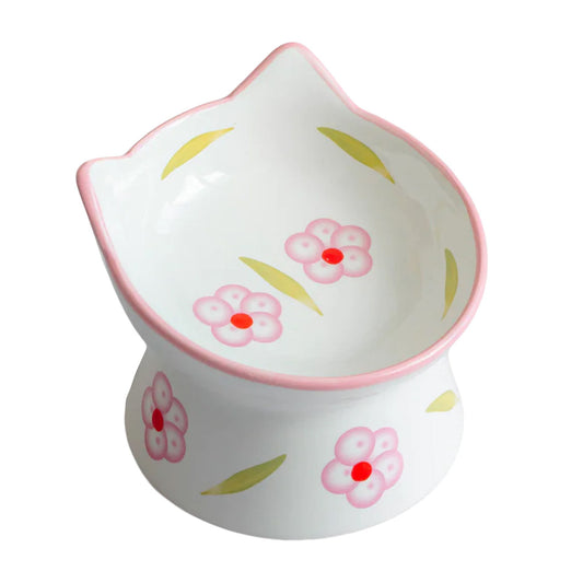 Dexypaws - Raised Ceramic Cat Bowl - White and Powder Pink Flower