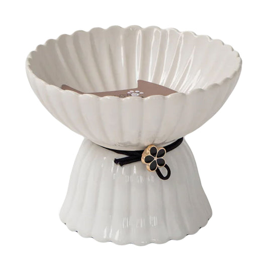 Dexypaws - Raised Ceramic Cat Bowl - White With Black Flower