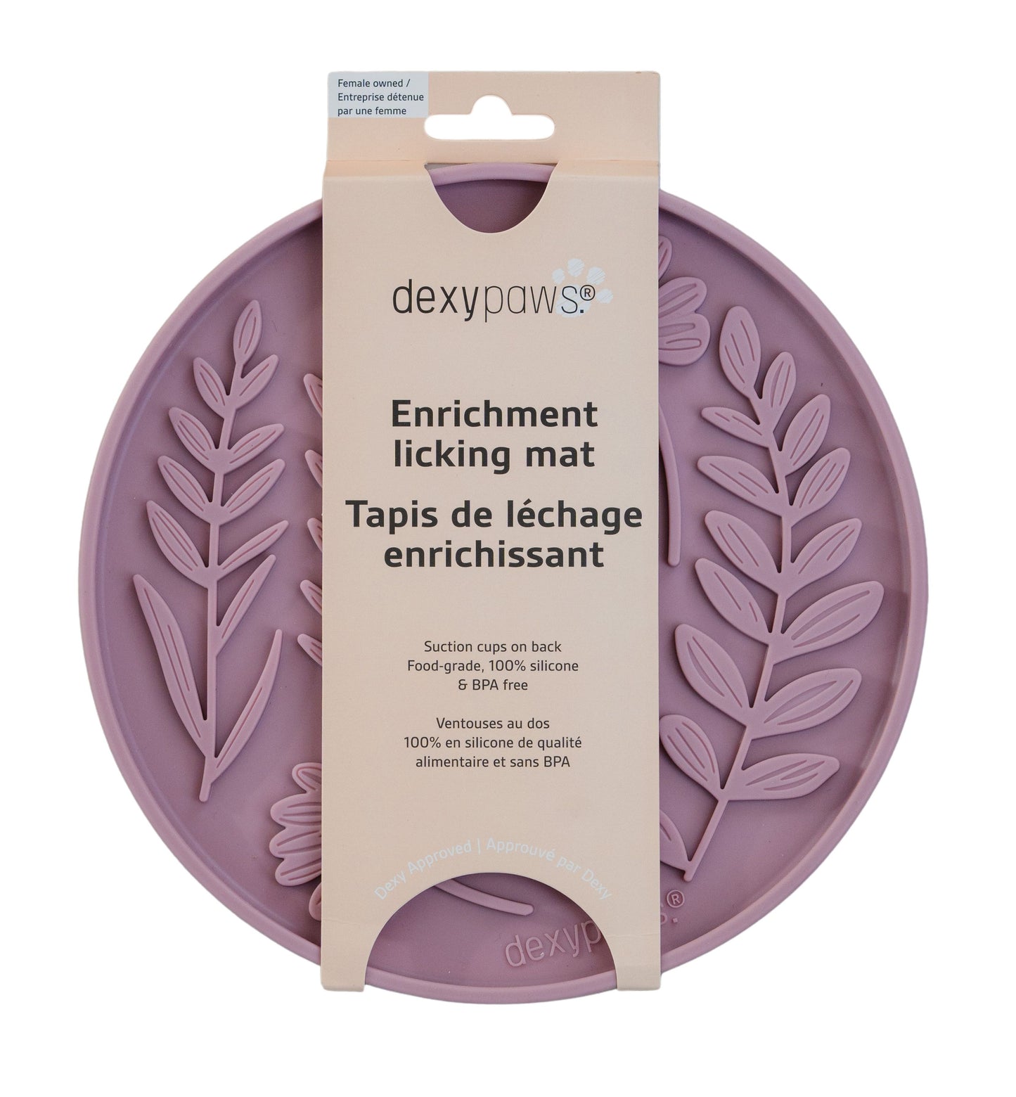 Dexypaws - Enrichment Licking Mat Circle Shape And Leaves Pattern - Blush Pink