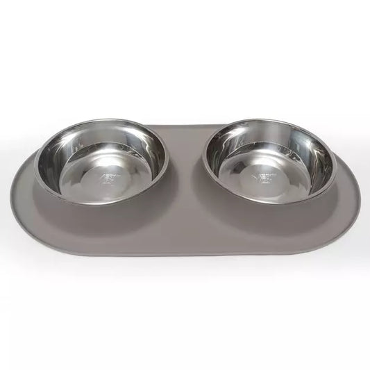 Messy Mutts - Dbl Silicone Feeder w/ Stainless Bowls - Grey