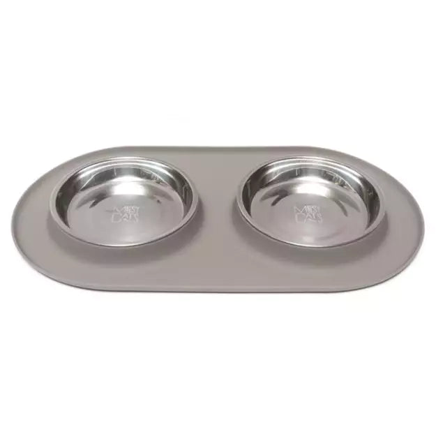 Messy Cats - Dbl Silicone Feeder w/ Stainless Saucer Bowl - Grey